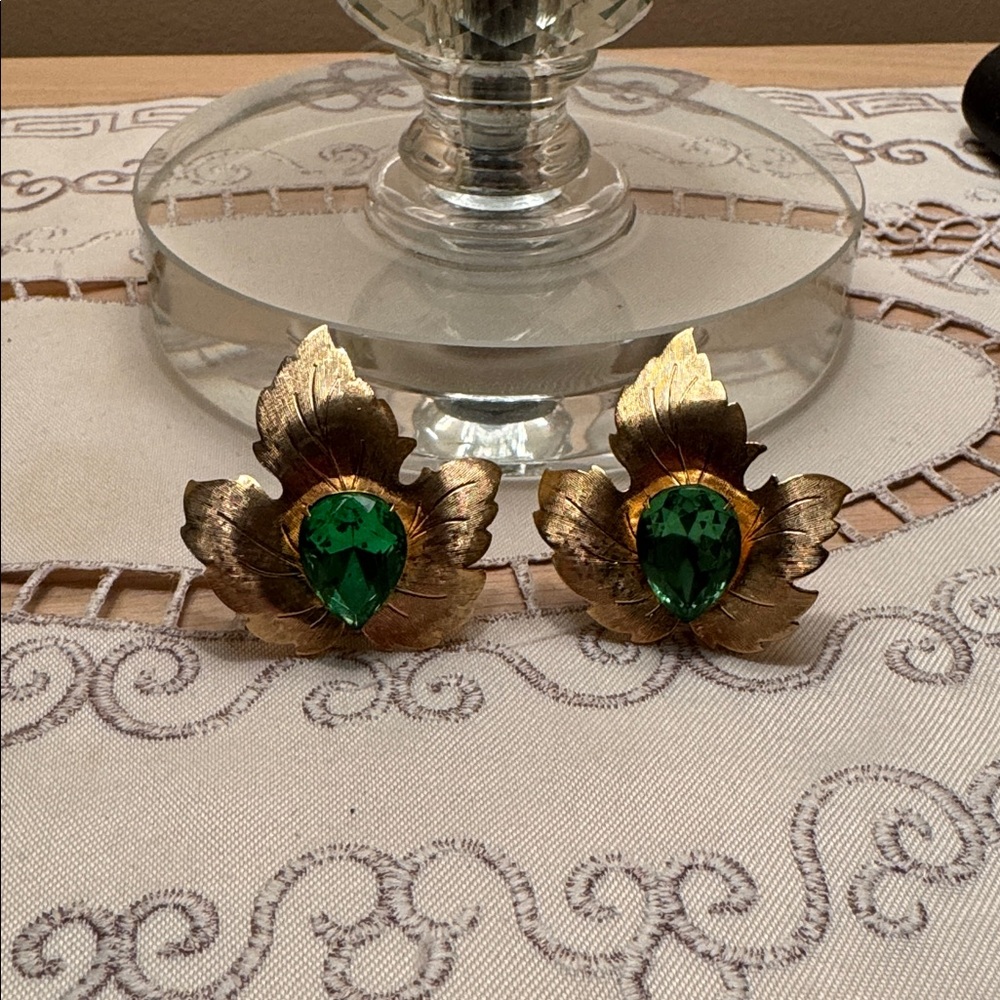 Gold and Green Leaf Earrings